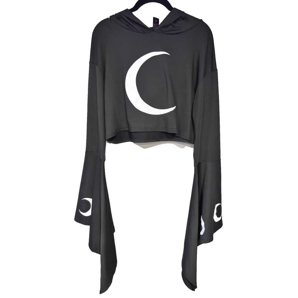 Women's Size L Black Goth Moon Print Bell Sleeve Crop Hoodie Witchy Whimsigoth